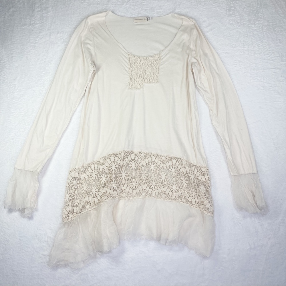 4 Love and Libery Johnny Was‎ Cream Silk Lace Hem Boho Hippie Long Sleeve Shirt